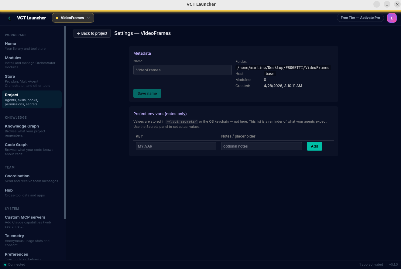 Settings tab showing Metadata block and Project env vars section