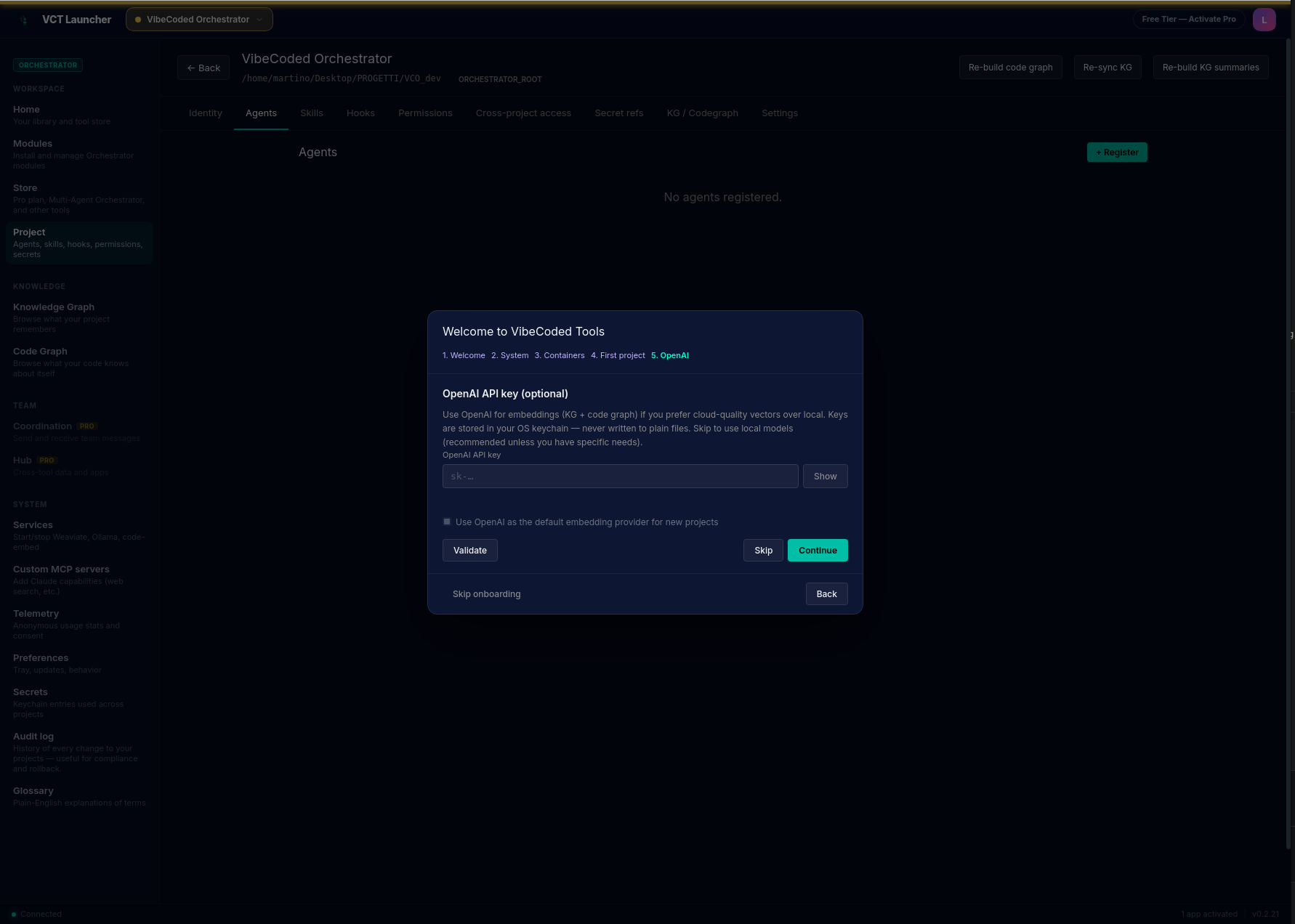 OnboardingWizard step 5 — OpenAI: campo password-masked per la API key OpenAI con bottone Validate, checkbox 'Use OpenAI as the default embedding provider for new projects', e bottoni Skip / Continue