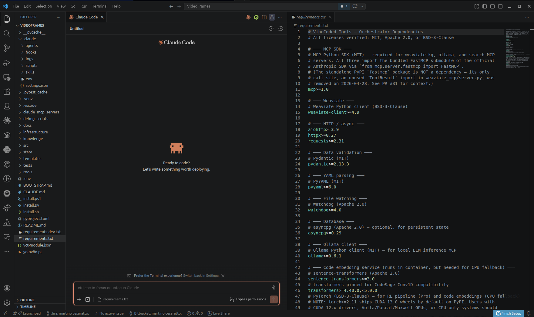 VS Code con il pannello dell'estensione Claude Code aperto a fianco di un file Python